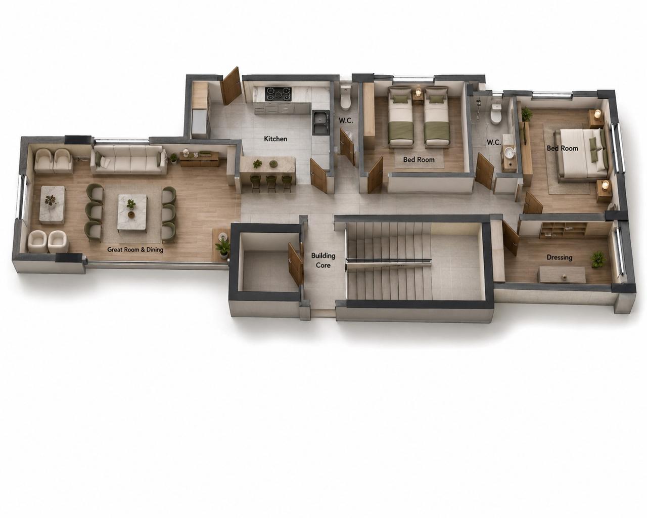 3D render of a typical apartment layout
