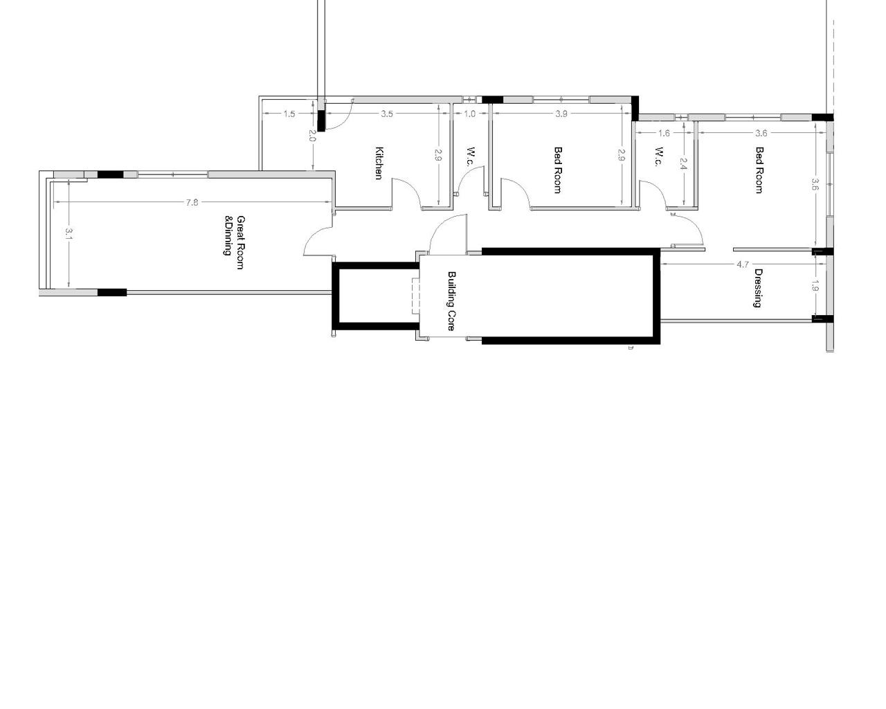 Dimensioned floor plan of a typical apartment, in metres