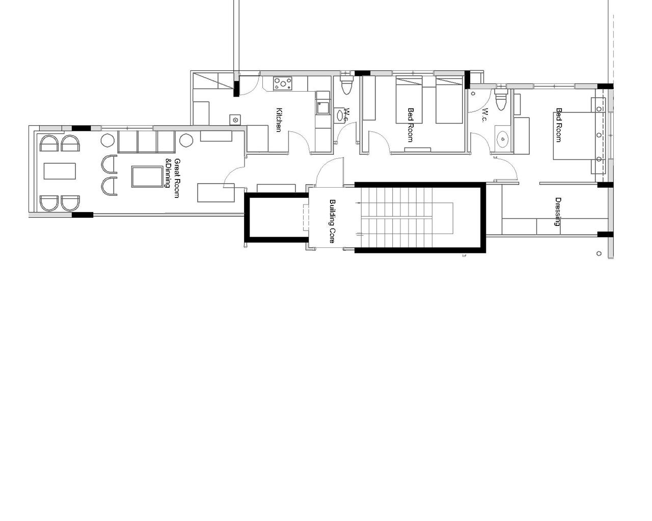 Furnished floor plan of a typical apartment with room labels
